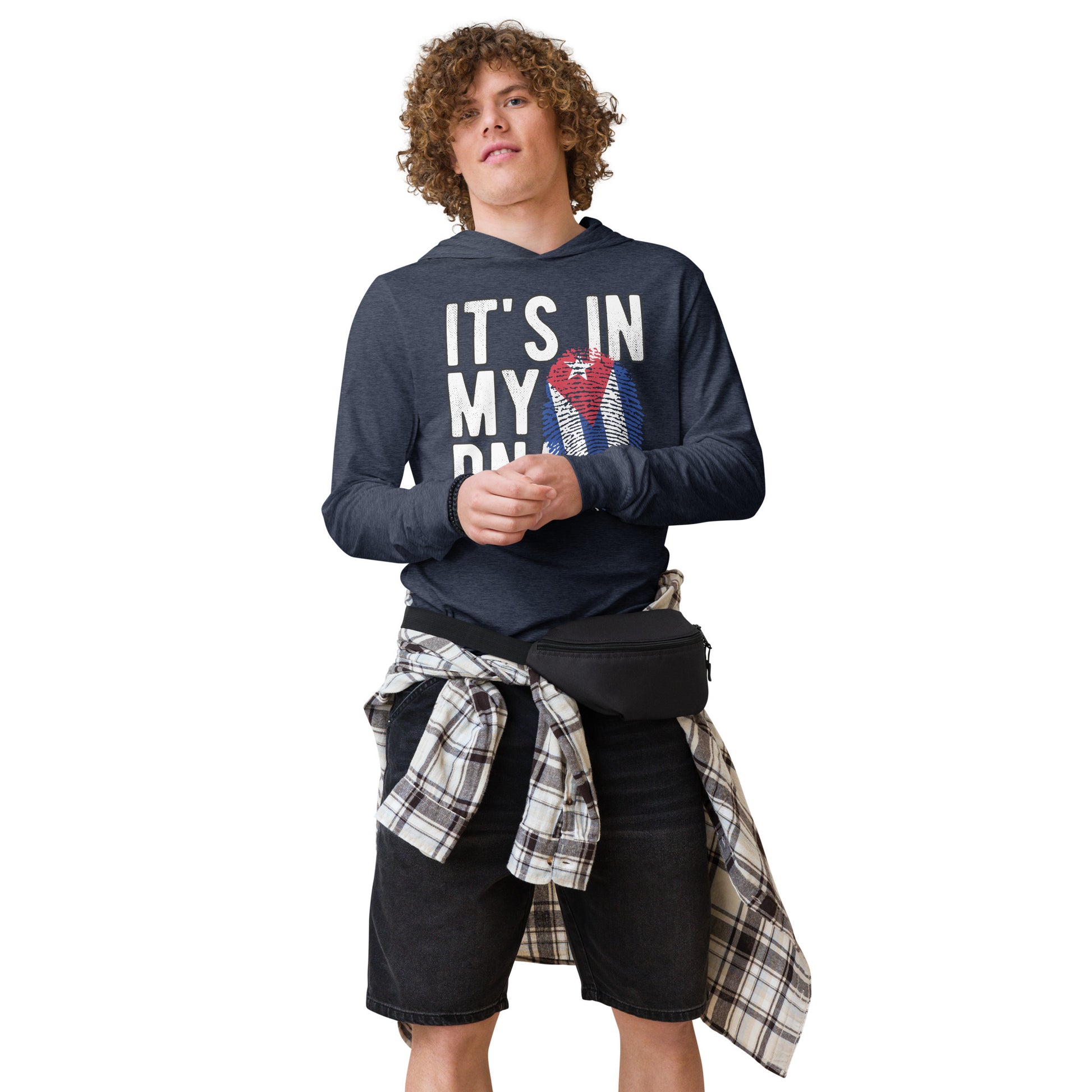 Cuban DNA Long Sleeve Tee – Fingerprint Flag Shirt Color: Heather Navy