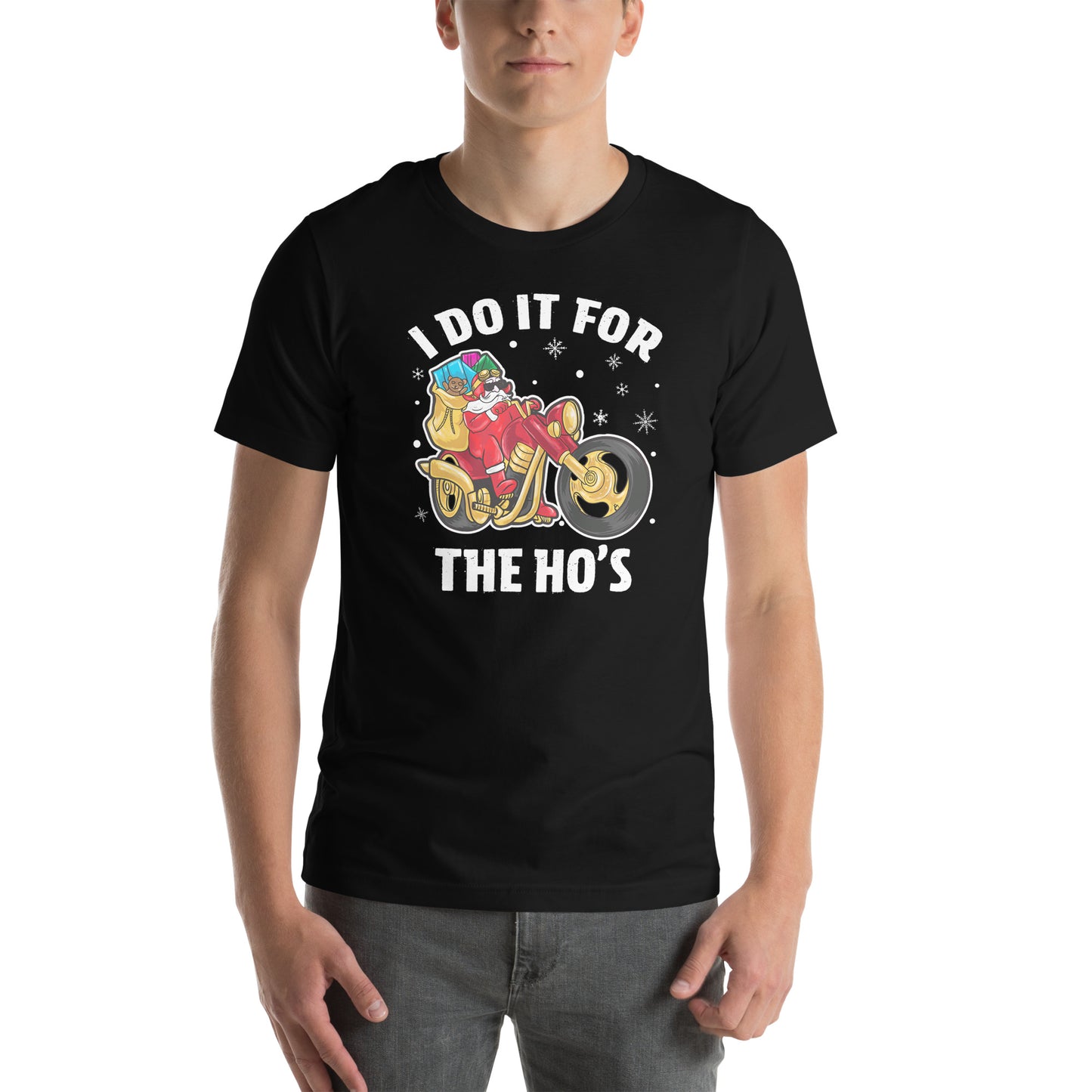 I Do It For The Ho's T-Shirt - Christmas Biker Santa riding Motorcycle - Color: Black