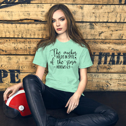 The Anchor Holds in Spite (Hebrews 6:9) T-Shirt - Color: Aqua