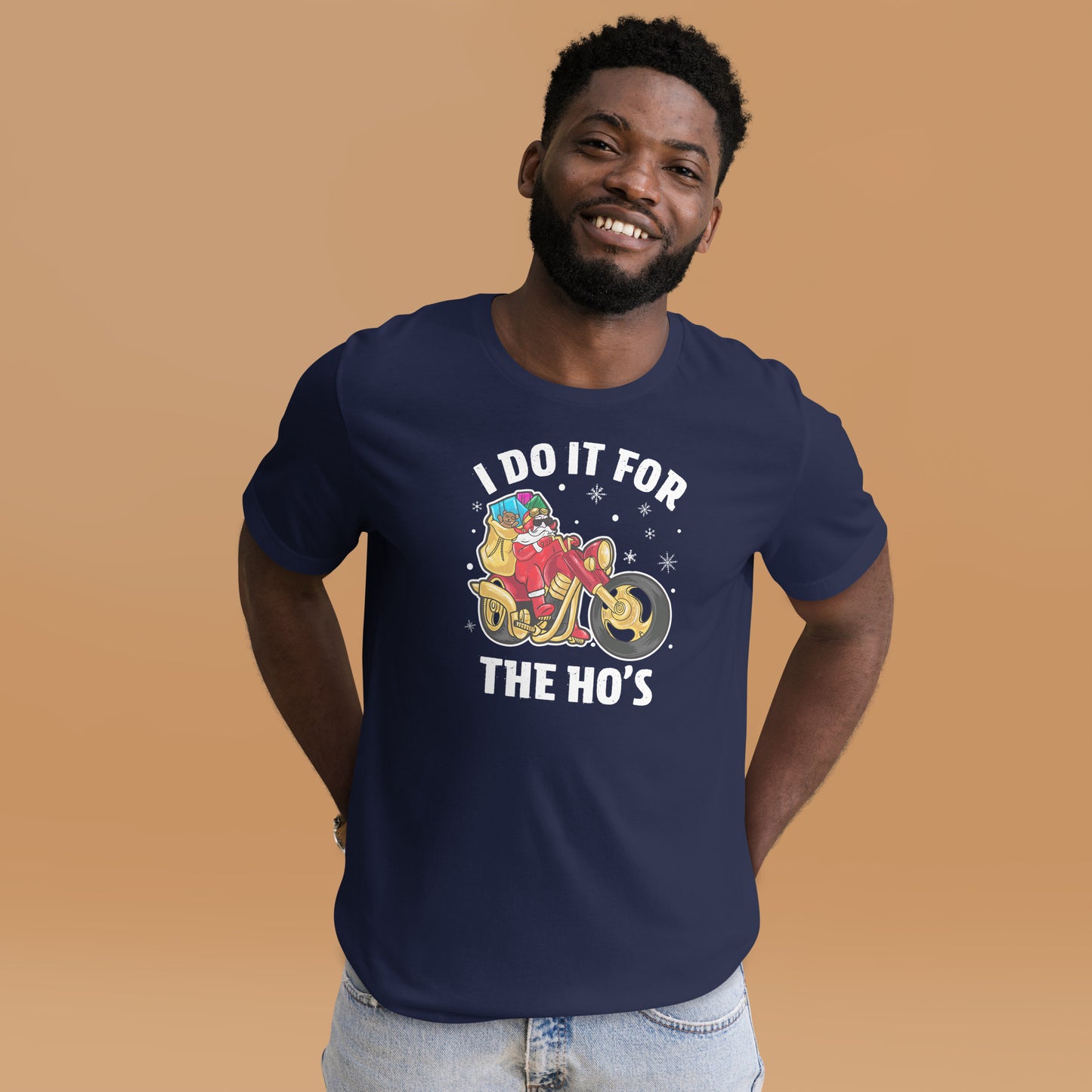 I Do It For The Ho's T-Shirt - Christmas Biker Santa riding Motorcycle - Color: Black