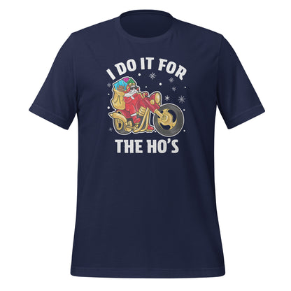 I Do It For The Ho's T-Shirt - Christmas Biker Santa riding Motorcycle - Color: Navy