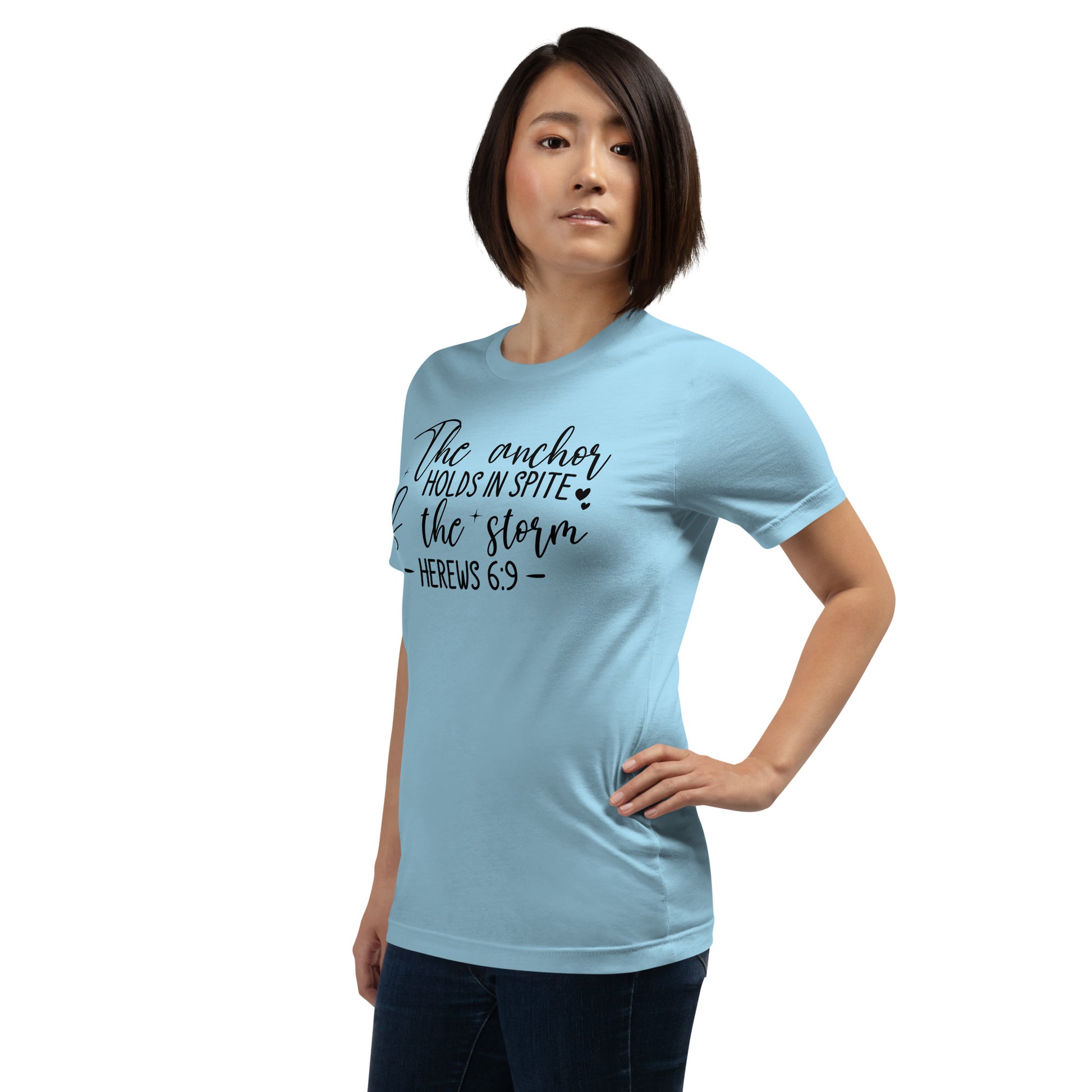 The Anchor Holds in Spite (Hebrews 6:9) T-Shirt - Color: Aqua