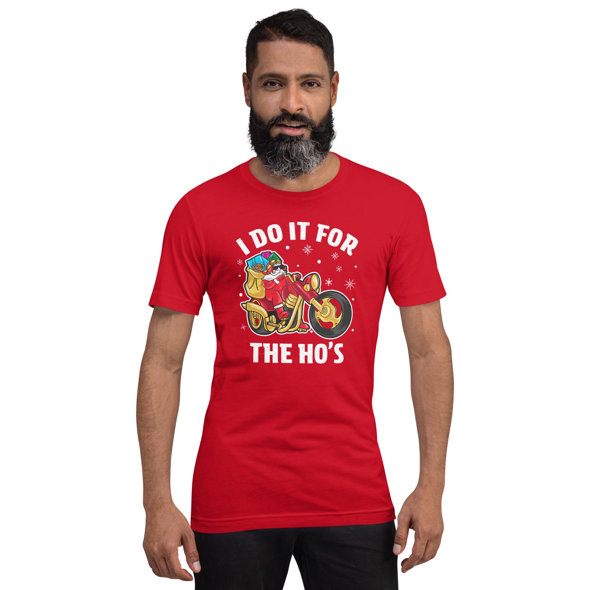 I Do It For The Ho's T-Shirt - Christmas Biker Santa riding Motorcycle - Color: Black