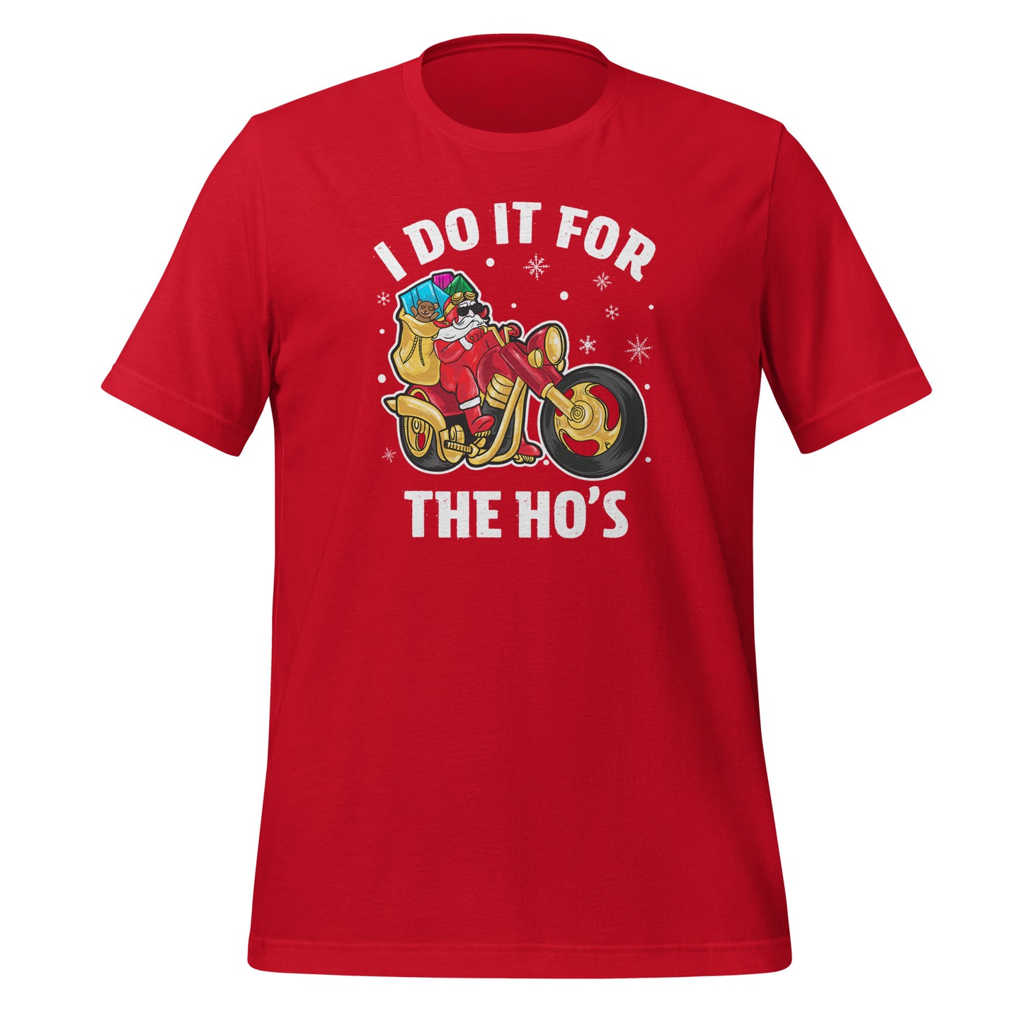 I Do It For The Ho's T-Shirt - Christmas Biker Santa riding Motorcycle - Color: Red