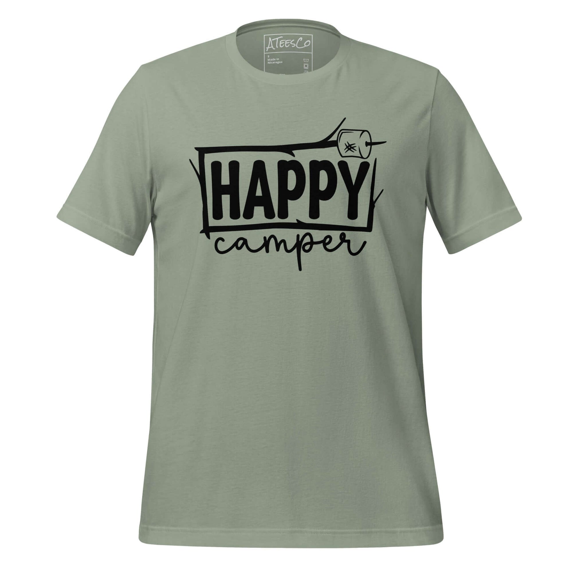 Happy Camper T-Shirt – Funny Outdoor Bathroom Stick Design Color: Sage
