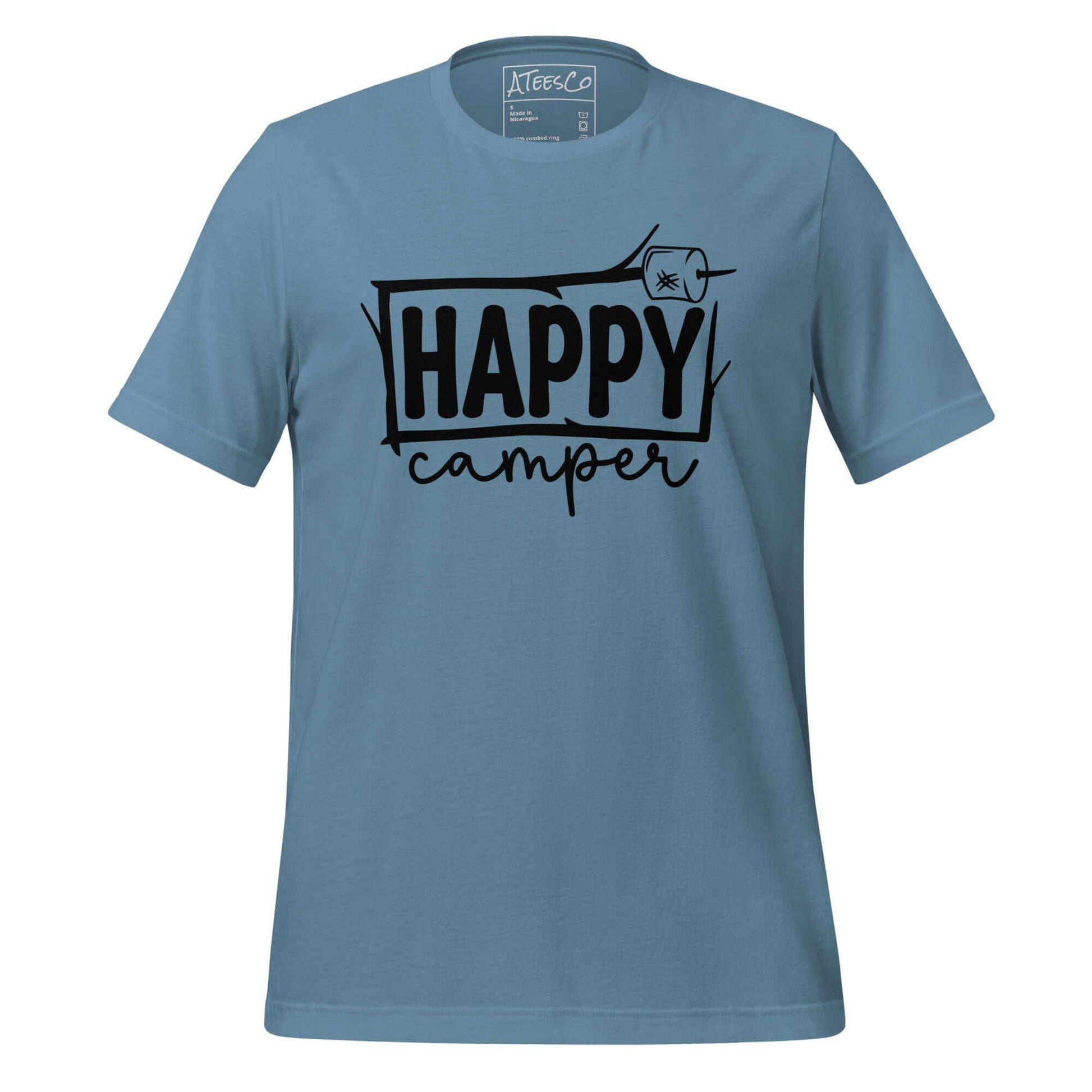 Happy Camper T-Shirt – Funny Outdoor Bathroom Stick Design Color: Steel Blue